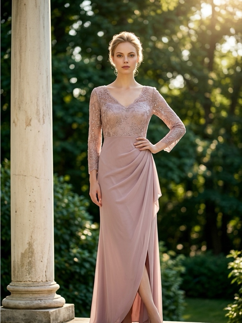 Alex Evenings Dusty Rose Lace-Sleeve Evening Gown